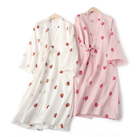 草莓浴袍睡裙女夏秋季全棉日式长袖睡袍可爱纱布和服汗蒸纯棉睡衣