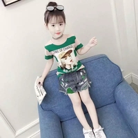 2018新款夏装女童套装儿童装时髦两件套牛仔短裤T恤洋气韩版时尚