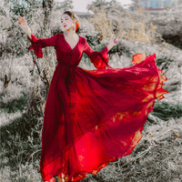 西藏云南沙漠旅行拍照红裙文艺范复古民族风写真长裙雪纺连衣裙秋