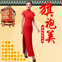迎宾走秀长袖舞蹈旗袍女老上海冬季红色蕾丝连衣裙年会长款演出服