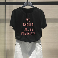 欧阿玛施旗女装2019夏季新款百搭黑色字母印花修身短袖T恤女上衣