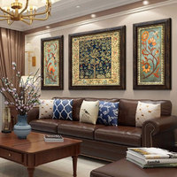 手绘油画美式客厅装饰画新中式沙发背景墙挂画大气三联画壁画