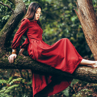 秋冬蕾丝长袖连衣裙复古优雅红裙高腰修身长裙文艺旅行女装