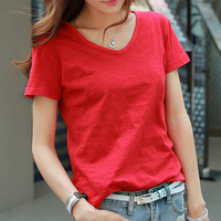 夏装短袖韩版大红色白色宽松休闲 竹节棉V领纯色T恤女装体恤上衣