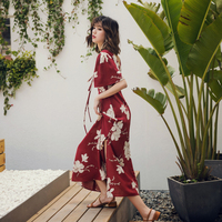 2018夏季新款巴厘岛度假裙红色海边沙滩裙复古印花连衣裙中长款女