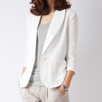 韩国代购春夏亚麻小西装女七分袖薄款修身棉麻外套短款西服空调衫
