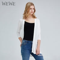 WEWE/唯唯春夏森系七分袖针织开衫女纯色中长款空调衫女白色深蓝