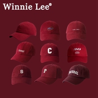 Winnie Lee新年红色帽子酒红色棒球帽大红色运动鸭舌帽男遮阳帽女