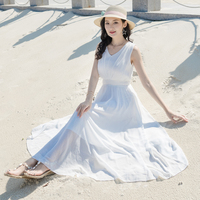 2019夏季女波西米亚长裙沙滩裙演出白色雪纺裙v领显瘦无袖连衣裙