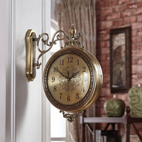 欧式实木金属双面挂钟静音美式客厅两面挂表创意时钟家用钟表大号