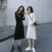 2019秋季新款韩版学生气质裙子收腰显瘦针织裙中长款长袖连衣裙女