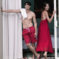 2018新款夏装红色海边度假沙滩蜜月情侣装气质连衣裙男女泰国套装