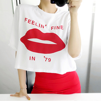 2018夏季韩版T恤短款修身女装红唇印花字母图案短袖简约露腰上衣