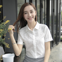 2019夏季新款韩版职业短袖衬衫女士修身显瘦白色纯棉衬衣绣花上衣