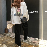 2018秋季韩版女装印花长袖套头卫衣套装+金丝绒阔腿休闲裤两件套