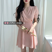 韩国chic夏季法式洋气V领纯色绑带收腰显瘦短款小个子雪纺连衣裙