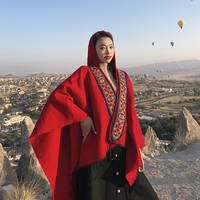 民族风连帽披风开叉斗篷披肩两用加厚红色旅游保暖围巾女冬天西藏