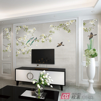新中式电视背景墙壁纸花鸟百搭高档壁画自粘现代墙布新款中国风8d