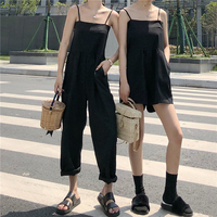 夏季女装新款韩版吊带抹胸式连体短裤黑色高腰背带长裤 长款/短款