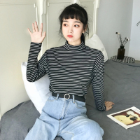 秋季女装2018新款韩版修身显瘦条纹高领学生长袖打底衫T恤上衣潮