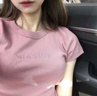 韩国INS大热 鬼马系少女 复古百搭刺绣字母修身短袖T恤