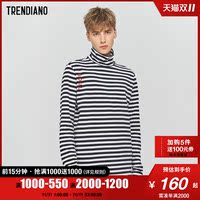 TRENDIANO潮牌2019新款秋季男装条纹高领中长棉质T恤男3ZC302930P