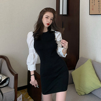 韩版针织拼接长袖气质连衣裙女秋季2019新款修身显瘦A字包臀裙子