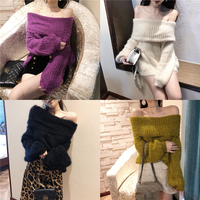 2018新款韩版毛衣女性感露肩一字肩大翻领针织衫加厚宽松打底上衣