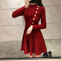 FAshi 2019秋冬法国小众超仙红色连衣裙女复古法式针织打底A字裙