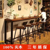 美式实木家用吧台桌简约小窄桌奶茶店靠墙长条酒吧桌高脚桌椅组合