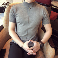 短袖男T半高领韩版修身男士半袖针织紧身体恤打底衫潮流纯色毛衣