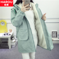 加绒加厚外套少女秋冬装2018新款初中学生韩版中长款羊羔毛卫衣服