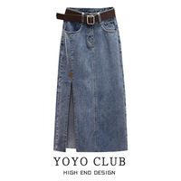 YOYO CLUB大码女装梨形身材高腰开叉牛仔半身裙夏薄款复古中长裙