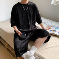 夏季原宿风垂感短袖T恤男生韩版潮流宽松纯色短裤两件套运动套装