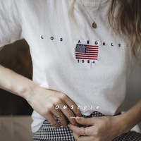 街头风夏款胸前刺绣美国小国旗字母Los Angeles圆领短袖T恤 INS潮