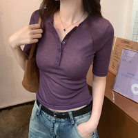 紫色V领短袖t恤衫女装夏季2023新款欧货修身体恤紧身黑色短款上衣