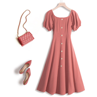 红色雪纺连衣裙女夏款显瘦很仙的法国小众法式桔梗高腰复古裙过膝