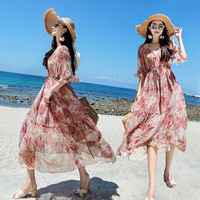连衣裙女夏2018新款雪纺连衣裙中长款碎花显瘦沙滩裙泰国海边度假
