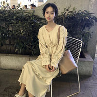 2018新款夏装女装韩版气质百搭中长款V领长袖连衣裙显瘦长裙学生