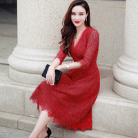韩版七分中袖中长款裙子v领遮肚子蕾丝红色连衣裙2019新款女春夏