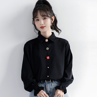 韩国黑色长袖衬衫女2022秋季新款t恤复古港风衬衣设计感打底上衣