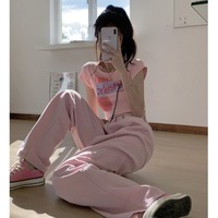 甜辣风套装韩版短款字母短袖T恤+粉色阔腿牛仔长裤夏季女装两件套