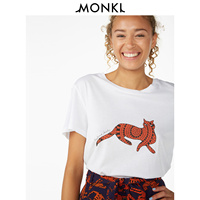 MONKI2018新款俏皮可爱白底猫咪印花罗纹圆领短袖T恤女 0591326