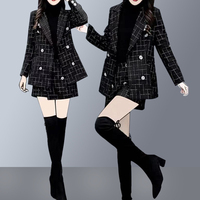 2019初秋冬新款两件套韩版网红格子小西装外套配短裤小香风套装女