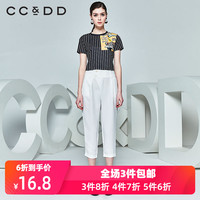 CCDD2018夏装新品专柜正品女短款黑色条纹圆领卡通印花短袖T恤潮