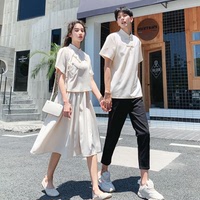民国风学生情侣装夏装 气质女生连衣裙两件套韩版修身情侣T恤男女