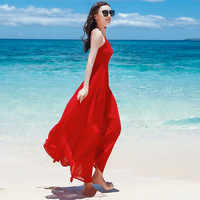 女夏红色吊带长裙雪纺连衣裙露背裙子波西米亚长裙海边渡假沙滩裙