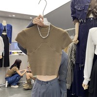 十三行针织衫短袖女秋季韩版新款圆领修身显瘦洋气套头短款上衣潮