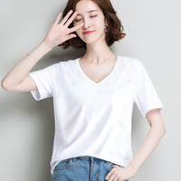 白色V领宽松短袖T恤女2018夏装新款韩版纯黑色鸡心领大码纯棉上衣