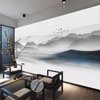 新中式黑白山水电视背景墙壁纸抽象意境客厅沙发影视墙布无缝壁画